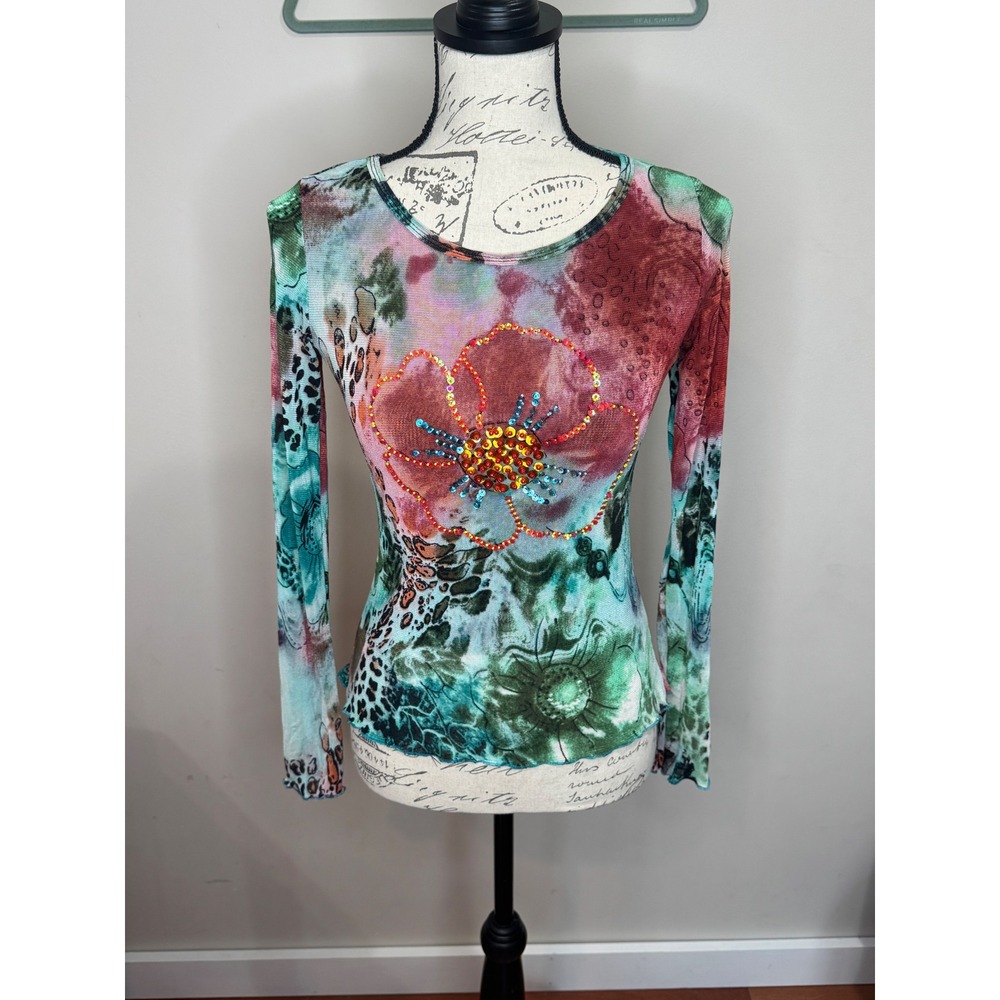 Y2K Boston Proper Vintage Mesh Floral Sequin Top Sz S Fairy Grunge Embellished